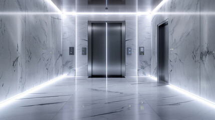 Poster - Modern elevator hallway with marble walls and bright lights for architecture, interior design, or luxury