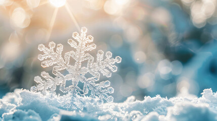 Poster - Snowflake on snow with sun flare for winter, nature, or holiday