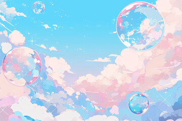 Aufkleber - Pastel blue sky with clouds and rainbow bubbles for fantasy, design, or illustration
