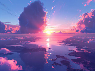 Poster - Pink clouds and sunset reflected in water with copy space text for dream, fantasy, or nature
