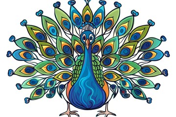Wall Mural - Cartoon cute doodles of a peacock's flowing tail feathers, Generative AI