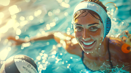 Wall Mural - Water polo competition. Stylish beautiful wet woman playing water polo, close-up. She is in a pool with a ball