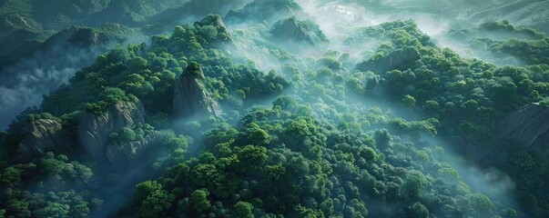 Poster - Majestic aerial view of lush mountain ranges covered in dense fog, capturing the serene beauty of nature and offering a sense of tranquility.
