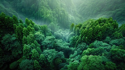 Poster - A breathtaking view of lush, green forest with mist covering the treetops, creating a serene and peaceful atmosphere.
