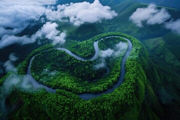 Poster - Aerial view of a lush green forest surrounding a winding river in a cloud-covered valley, forming a heart shape in the landscape.