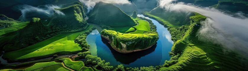 Poster - A breathtaking aerial view of a lush, green valley with a serene, winding river surrounded by misty mountains and vibrant vegetation.