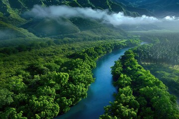 Poster - Aerial view of a winding river surrounded by lush green forest in a mountainous landscape, with mist hanging over the valley.