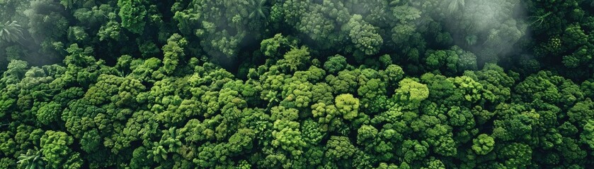 Poster - Aerial view of a lush, dense forest canopy with vibrant green foliage, shrouded in mist, providing a stunning natural landscape scene from above.