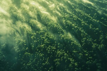Poster - Aerial view of mist-covered forest with sunrays creating dramatic shadows across the lush green canopy, capturing nature's serene beauty.