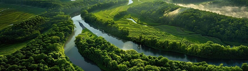 Poster - Aerial view of lush green forest and meandering river with clear water on a sunny day, showcasing pristine natural beauty and serene wilderness.