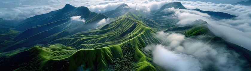 Poster - Aerial view of lush green mountain peaks and valleys surrounded by clouds, showcasing a breathtaking natural landscape in clear weather.