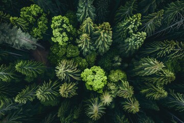 Wall Mural - Aerial view of dense evergreen forest with lush green foliage. Serene natural landscape, vibrant tree canopy, and tranquil environment.