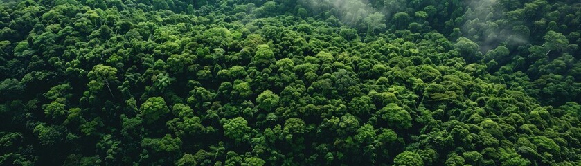 Poster - Aerial view of lush, green rainforest canopy with mist rising above, showcasing dense jungle foliage and untouched natural beauty.
