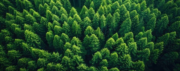 Poster - Aerial view of a dense forest showcasing lush green trees tightly packed together creating a serene and vibrant natural landscape.