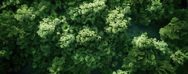 Aufkleber - Aerial view of a lush green forest with dense foliage covering the landscape, creating a serene and peaceful natural scenery.