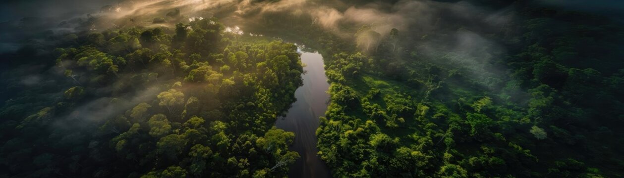 A breathtaking aerial view of a winding river surrounded by lush green forest and misty skies, showcasing the beauty of nature at dawn.