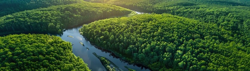Poster - Aerial view of dense forest canopy with winding river on a sunny day, showcasing lush greenery and natural beauty, perfect for nature and travel concepts.