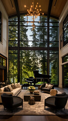 Luxury living room interior with a view of the lake.