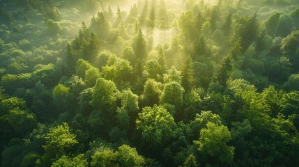 Poster - Aerial view of a lush green forest bathed in sunlight, showcasing the beauty of nature and the peacefulness of a woodland landscape.