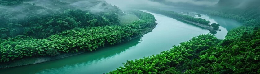 Poster - Aerial view of lush green rainforest and winding river surrounded by misty mountains, creating a serene and untouched natural landscape.