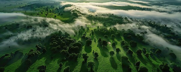 Aufkleber - Aerial view of a lush green landscape with scattered trees and low-hanging clouds, bathed in soft sunlight, creating a serene and picturesque scene.