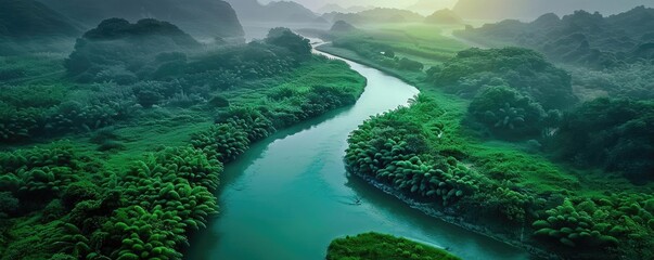 Poster - Aerial view of a serene river meandering through lush green landscape with misty mountains in the background at sunrise.