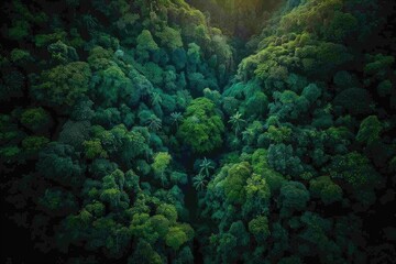 Poster - Aerial view of a dense, vibrant green forest canopy basking in sunlight, showcasing the beauty of nature and environmental conservation.