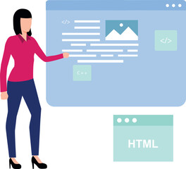 a girl is explaining about coding on a web page.