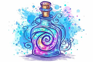 Sticker - Cartoon cute doodles of a magical potion bottle with a swirling spiral cube pattern, Generative AI