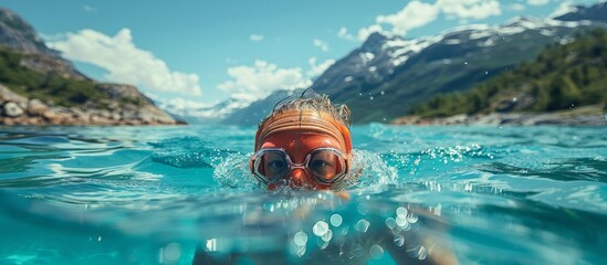 Adventurous Swimmer in Crystal Clear Mountain Lake with Snow-Capped Peaks and Lush Greenery in the Background on a Sunny Day