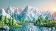 © Sunshine - Stunning Low Poly Landscape with Snow-Capped Mountains, Pine Trees, and Flowing River at Sunrise in a Vibrant, Colorful, and Serene Nature Scene
