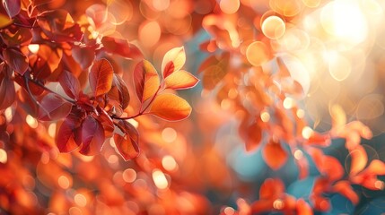 Vibrant Autumn Leaves with Bokeh Background - Close-Up of Red and Orange Foliage in Warm Sunlight