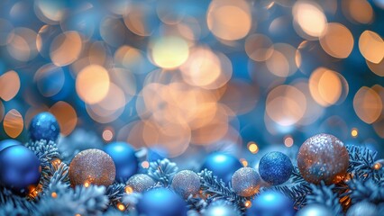 Wall Mural - GeneraWinter holiday concept of a Christmas card template with blue and silver ornaments and pine cones on top of blue garland with gold bokeh lights backgroundted Image