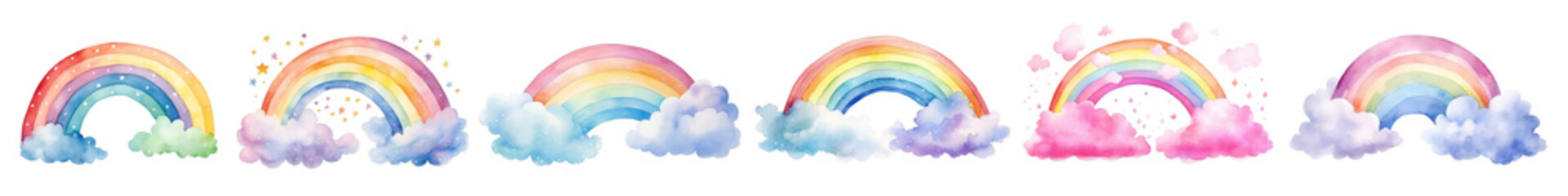 Poster - Colorful rainbows with fluffy clouds png set