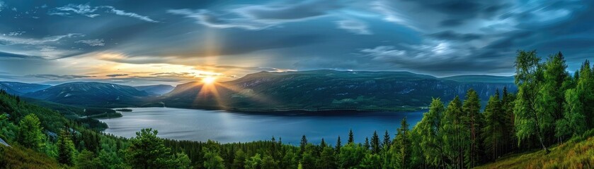 Poster - Scenic panoramic view of a tranquil lake surrounded by lush green forest, capturing the serene beauty of nature at sunrise.
