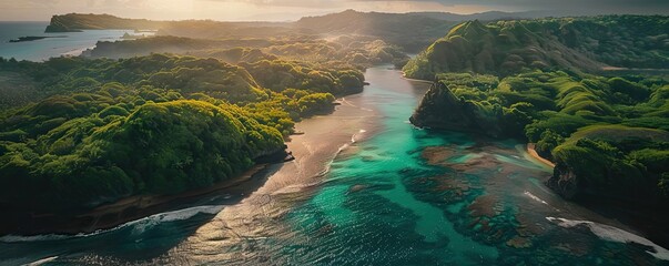 Poster - Aerial view of a lush green landscape and a clear turquoise river flowing through hills during sunrise, exhibiting nature's beauty and tranquillity.