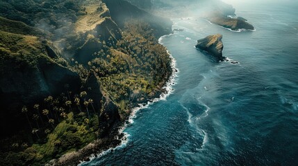 Poster - Aerial view of a stunning coastal landscape with lush greenery, rugged cliffs, and serene ocean waters under a misty sky.