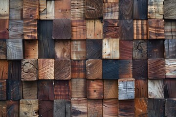 Wall Mural - Wood background made of small boards of various size, color and wood type