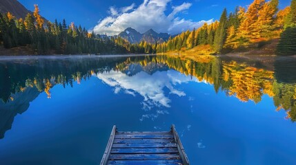 Poster - Serene mountain lake view with clear blue sky and autumn forest reflections, perfect for nature and landscape photography.