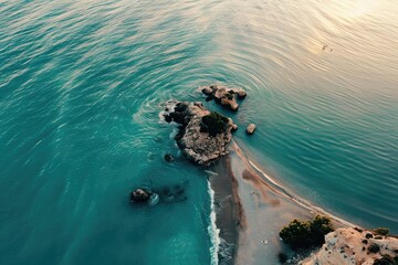 Wall Mural - Aerial view of a beautiful turquoise coastal landscape with rocks and sandy beach during sunset.