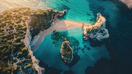 Aufkleber - Aerial view of a stunning secluded beach with crystal clear turquoise waters, surrounded by lush greenery and rocky formations.