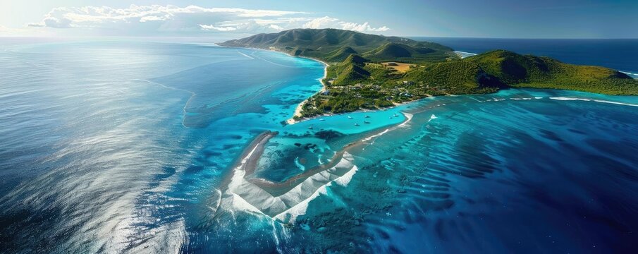 Aerial view of a beautiful island with lush greenery, turquoise water, and surrounding waves breaking on the reef.
