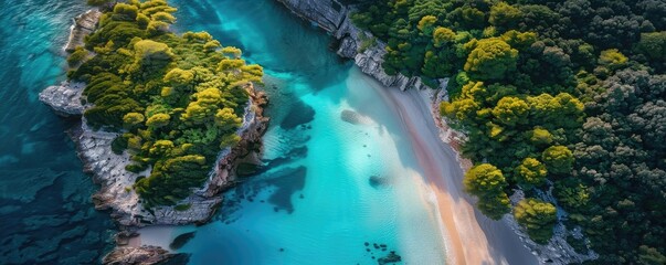 Wall Mural - Stunning aerial view of a pristine beach with crystal-clear turquoise waters, lush green forest, and rocky cliffs creating a picturesque coastline.