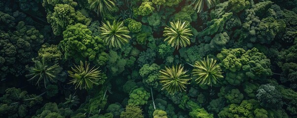 Wall Mural - Aerial view of lush green tropical rainforest with tall palm trees, showcasing the vibrant vegetation and natural beauty of the jungle from above.