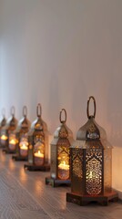 Poster - Elegant Islamic lanterns arranged in a row against a white background, adding warmth and ambiance to any space.