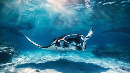 Aufkleber - Giant manta ray swimming and feeding doing somersaults near the sea bed : Generative AI