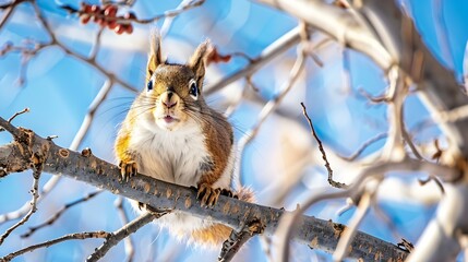 Poster - Animals in wildlife Amazing photo of cute american red squirrel with big fluffy tail sitting high on a tree branch Animal at sunny winter day and blue sky background Close up squirrel  : Generative AI