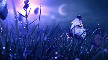 Poster - Butterfly in the grass on a meadow at night in the shining moonlight on nature in blue and purple tones macro Fabulous magical artistic image of a dream copy space : Generative AI
