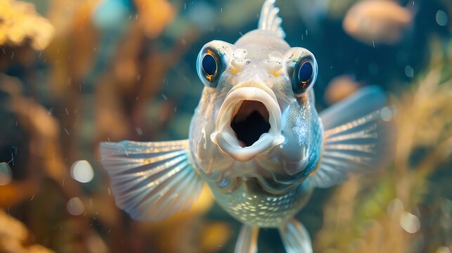 A fish with wide open mouth and big eyes in fishtank Surprised shocked or amazed face front view : Generative AI