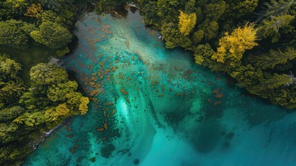 Poster - A stunning aerial view of a vibrant, turquoise lake surrounded by lush green and yellow autumn trees, highlighting the beauty of nature.